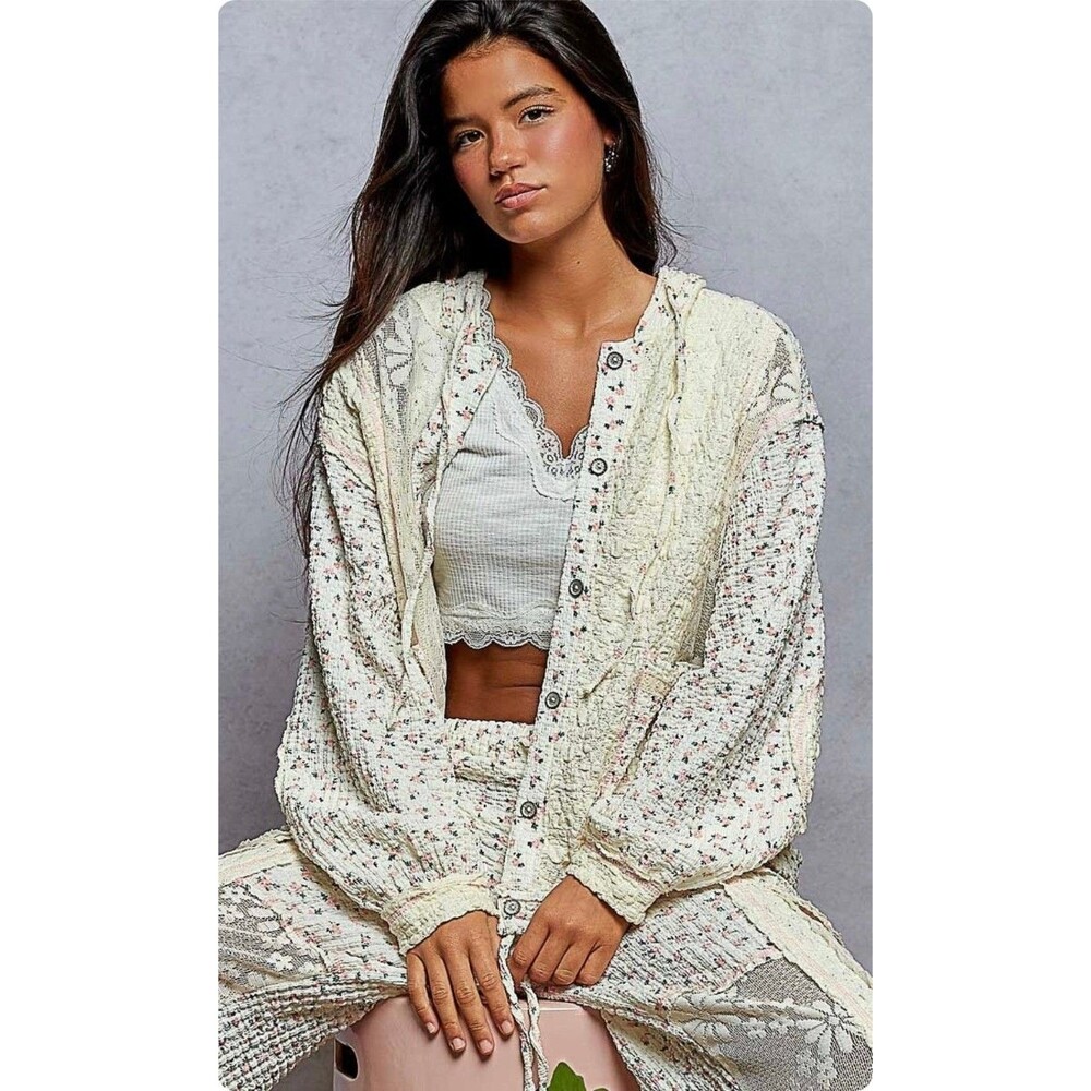 POL Floral Lace Hoodie S Jacket Boho Coquette Cottagecore Balloon Sleeve Shacket - Picture 14 of 14